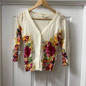 Anthropologie Moth Floral Cardigan White 100% Cotton V-Neck Size XS